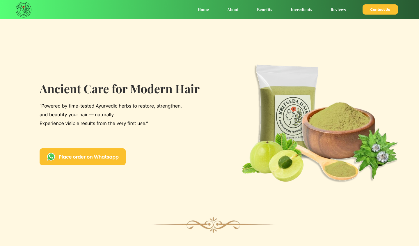 Kritveda Hair Powder Landing Page - Ayurvedic Hair Care Solution